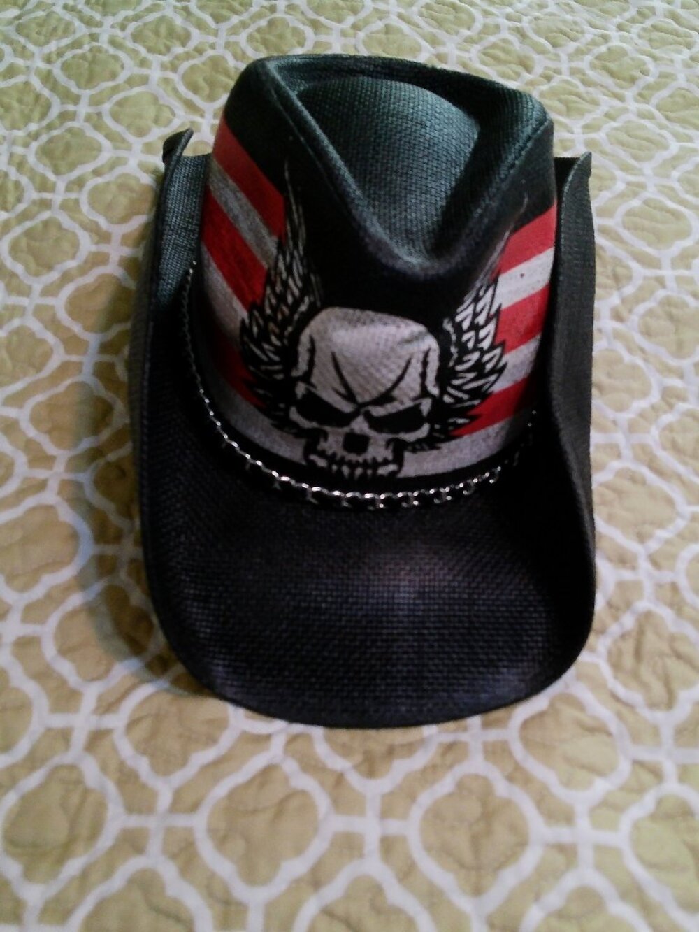 Armycrew US Flag Skull Wing Toyo Western Cowgirl Cowboy Hat with Metal Chain